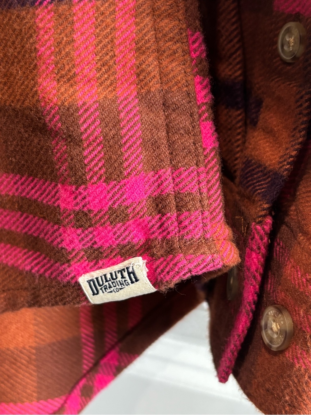 Duluth Trading Co Brown and Hot Pink Plaid Folklore Flannel Shirt - Picture 3 of 6